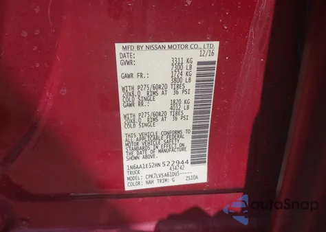 2017 Nissan Titan Sl из США, поврежденный, VIN 1N6AA1E52HN522944